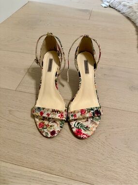 Floral Ankle-Strap Heels in Cream with Multicolor Flower Print
